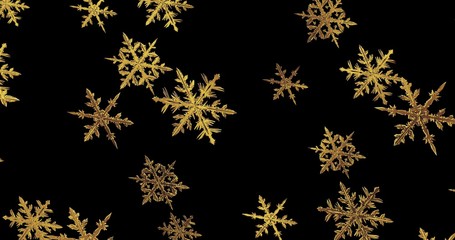 Golden snowflakes on black background. New year wallpaper. 3d render