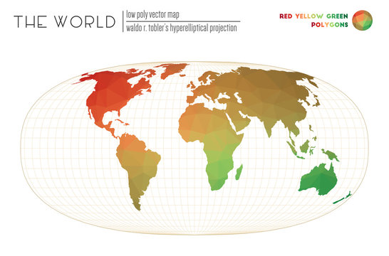 Low Poly World Map. Waldo R. Tobler's Hyperelliptical Projection Of The World. Red Yellow Green Colored Polygons. Creative Vector Illustration.