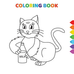 cute cartoon cat drinking a milk coloring book for kids. black and white vector illustration for coloring book. cat drinking a milk concept hand drawn illustration