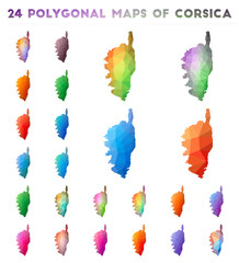 Set of vector polygonal maps of Corsica. Bright gradient map of island in low poly style. Multicolored Corsica map in geometric style for your infographics.