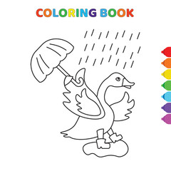 cute cartoon goose in a rainy day coloring book for kids. black and white vector illustration for coloring book. goose in a rainy day concept hand drawn illustration