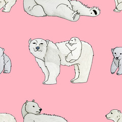 Seamless pattern with the image of a polar bears and cubs