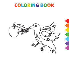 Fototapeta na wymiar cute cartoon bird and caterpillar fighting for apple coloring book for kids. black and white vector illustration for coloring book. bird and caterpillar fighting apple concept hand drawn