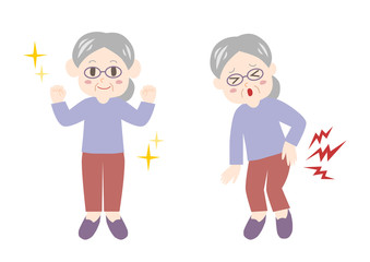 シニア女性の腰痛と健康のイラスト