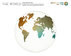 Abstract geometric world map. Gilbert's two-world perspective projection of the world. Brown Blue Green colored polygons. Awesome vector illustration.