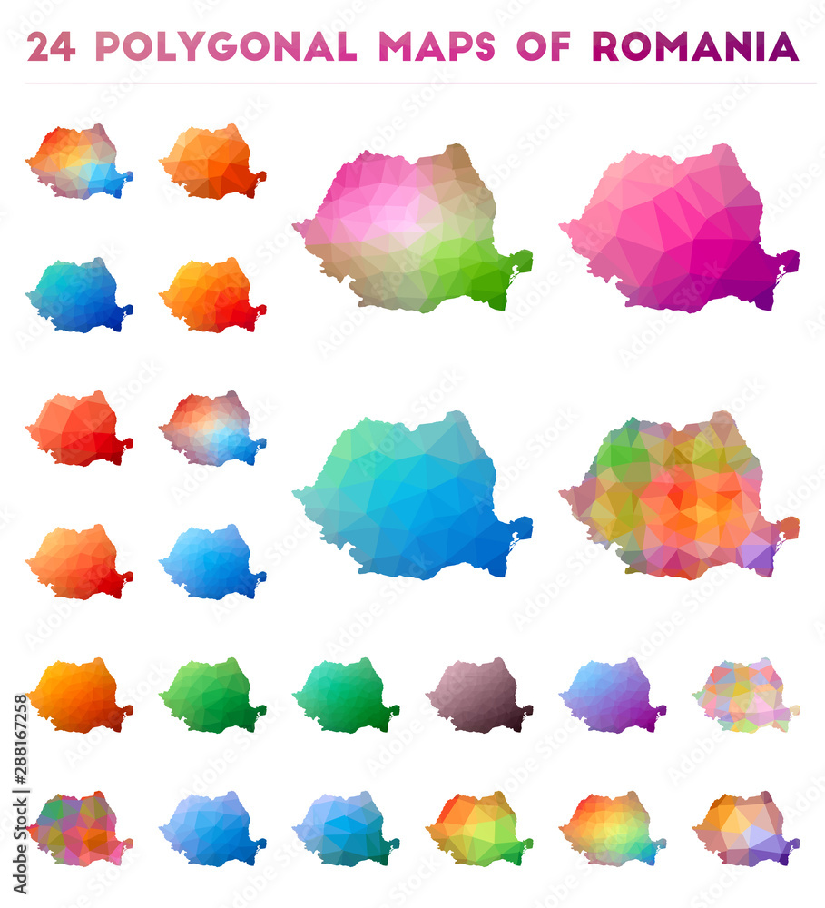 Poster set of vector polygonal maps of romania. bright gradient map of the country in low poly style. multi
