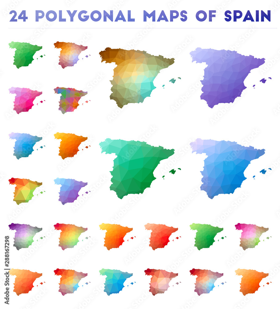Poster set of vector polygonal maps of spain. bright gradient map of country in low poly style. multicolore