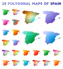 Set of vector polygonal maps of Spain. Bright gradient map of country in low poly style. Multicolored Spain map in geometric style for your infographics.