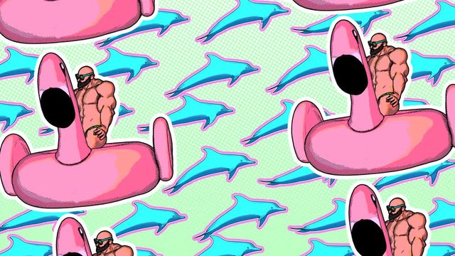 Seamless funny animation of dolphins and bodybuilders.Zine culture video loop. Summer concept background in cartoon comic style.