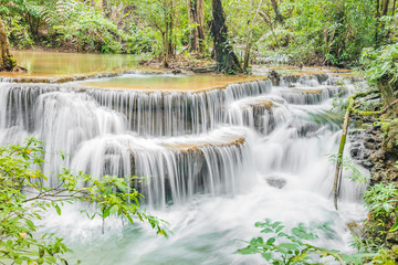 Huai Mae Khamin Waterfalls in Tropical Rainforest at Kanchanaburi Province, Thailand