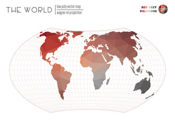 Polygonal map of the world. Wagner VII projection of the world. Red Grey colored polygons. Creative vector illustration.
