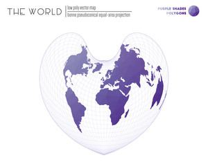 Vector map of the world. Bonne pseudoconical equal-area projection of the world. Purple shades colored polygons. Modern vector illustration.