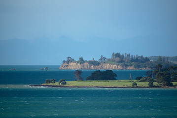 View of large pine trees on small low-lying island with another island in background