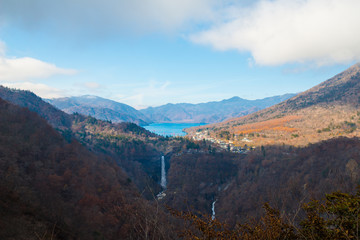 Kegon Falls and Chuzenji lake view at Akechidaira Ropeway, Nikko, Japan.