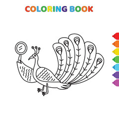 cute cartoon peacock bird looking own face on mirror coloring book for kids. black and white vector illustration for coloring book. peacock bird looking own face on mirror concept hand drawn