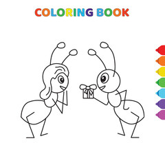cute cartoon boy ant gives gift to girl ant coloring book for kids. black and white vector illustration for coloring book. boy ant gives gift to girl concept hand drawn illustration