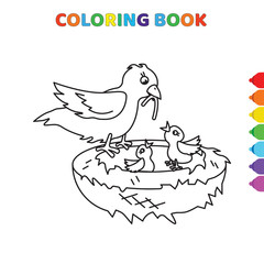 cute cartoon mother bird takes food for her babies coloring book for kids. black and white vector illustration for coloring book. mother bird takes food her babies concept hand drawn illustration