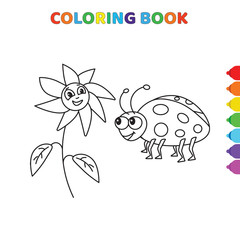 cute cartoon happy sun flower with happy bug coloring book for kids. black and white vector illustration for coloring book. happy sun flower with bug concept hand drawn illustration