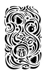 doodl, black and white flat ornament, on the theme of Christmas