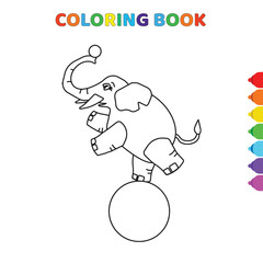cute cartoon elephant on ball at circus coloring book for kids. black and white vector illustration for coloring book. elephant on ball at circus concept hand drawn illustration