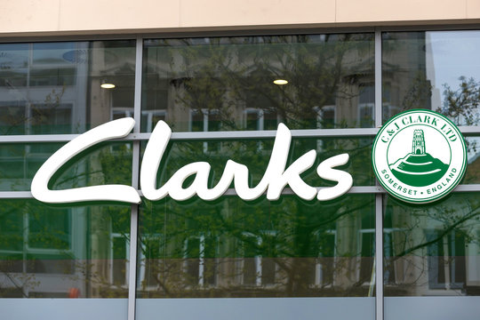 antwerp, antwerp/belgium - 14 04 19: clarks shop sign in antwerp belgium