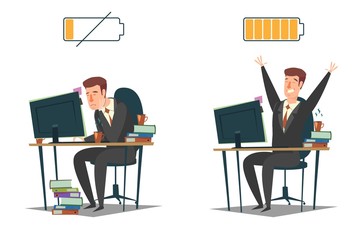 Full of energy and tired business people, vector flat illustration