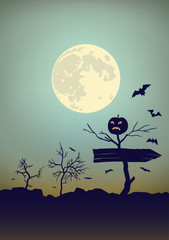 Halloween Moon background with bats and bushes.
