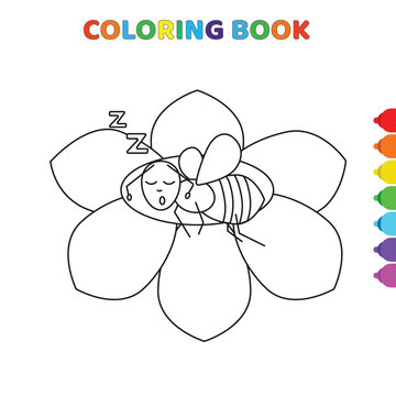 cute cartoon bee sleeping on flower coloring book for kids. black and white vector illustration for coloring book. bee sleeping on flower concept hand drawn illustration