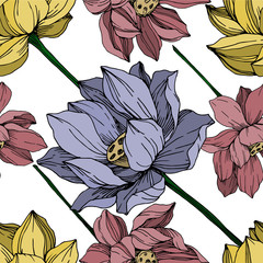 Vector Lotus floral botanical flowers. Black and white engraved ink art. Seamless background pattern.