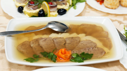 Plate with chicken from meat cold