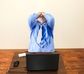 Sweating office worker. Occupational burnout. Wet shirt. Bad work conditions. Unhappy manager....