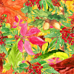 Watercolor hand drawn artistic colorful Harvest Thanksgiving fall  vintage seamless pattern