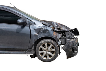 Front of black color car damaged and broken by accident isolate on white background. Save with...