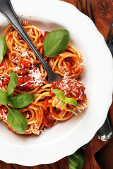 Plate of delicious spaghetti Bolognaise or Bolognese with savory minced beef and tomato sauce...