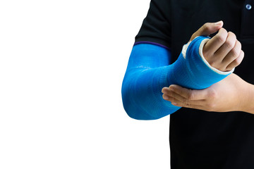 man holding hand with blue bandage as arm injury concept.