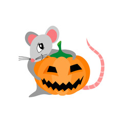 Cute cartoon rat with scary pumpkin isolated on white background. Funny rodent for Halloween greeting card. Flat vector illustration.