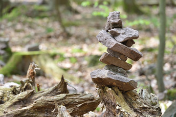 A small pyramid of stones made by tourists in the forest Schwarzwald on the background of trees