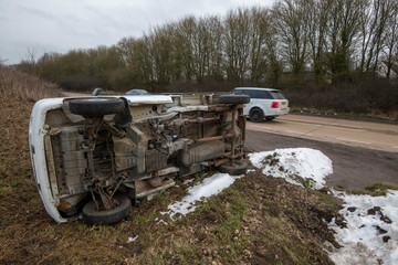 Ad van turned over in snow on the A47 at Wendling in Norfolk