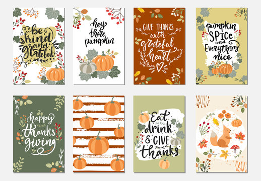 Collection of hand drawn vector illustration autumn posters and cards for Thanksgiving and seasonal greetings design. Hand written calligraphy lettering phrases