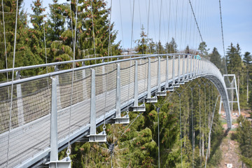 A long and narrow suspension iron bridge for pedestrian tourists in the coniferous European forest.
