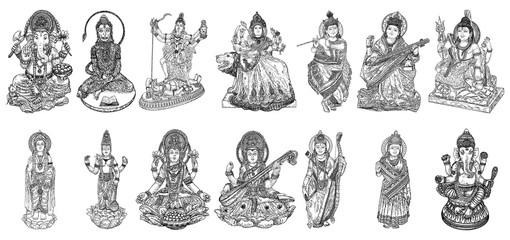 Fototapeta na wymiar Set of Gods for Indian festival, Goddess Durga, Lord Rama and Hanuman. Lord Ganpati or Ganesha, Shiva and Lakshmi his wife. Lord Vishnu, Saraswati, Devi Parvati and Lord Murugan, Kali. Vector.