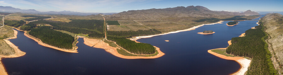 Cape Town, Jan 21 2019: The Steenbras Dam, one of the main water supply dams to Cape Town, at very low levels. 