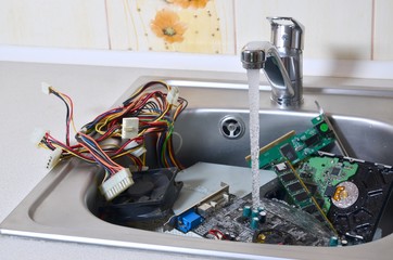 Hardware in kitchen sink under the water flow computer cleaning metaphoric concept