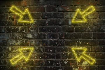 Glowing neon arrows futuristic background in retro 80s 90s style, old brick wall with yellow reflex...