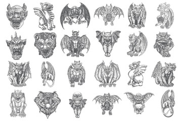 Set of mythological ancient gargoyle creatures, human and dragon like chimera with bat wings and horns. Mythical gargouille with fangs and claws. Engraved hand drawn sketch. Vector.