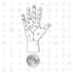 Fortune teller hand with Palmistry diagram hand drawn design. Vintage illustration for tattoo template. Palm reading magic spirituality zodiac constellations on sacred symbols background. Vector.