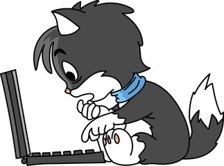 Cartoon cat sitting by the computer trying to solve an error vector illustration