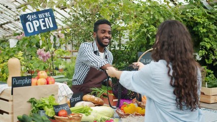 Female customer buying organic food vegetables and bread in farm market while African American man salesperson putting products in bag. People and shopping concept. - Powered by Adobe