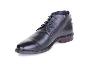 One classical black laced autumn man leather ankle boot shoe isolated.