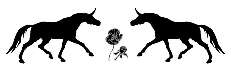 Fototapeta na wymiar isolated image of the figure, the black silhouettes of two running unicorns on a white background and poppy flowers